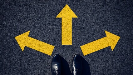 Person standing at crossroads with multiple directional arrows