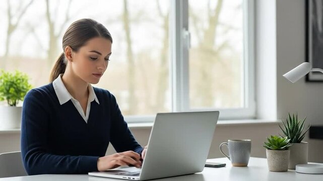 Focused Woman Working on Laptop at Modern Desk with Copy Space