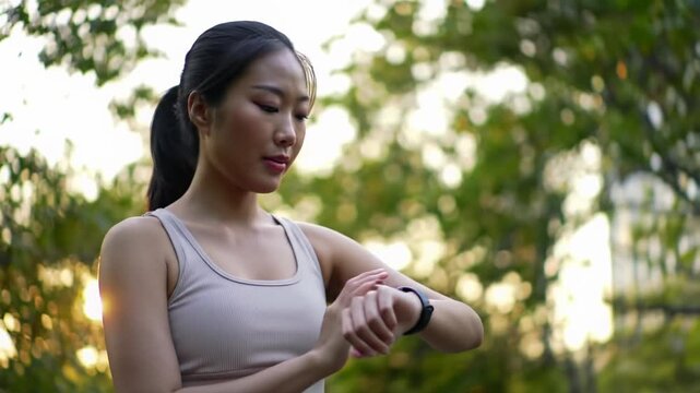 A diverse individual in stylish athleisure performs a gentle jog or stretch in a lush, sun-drenched park at golden hour, checking a smartwatch. Smooth gimbal, eye-level, and close-up videos with