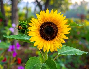 Bright yellow sunflower in bloom amidst a garden, close-up view in soft, natural light