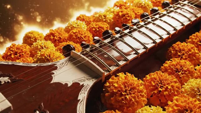 Golden close-up of a veena decorated with marigold flowers for the festive basant panchami celebration.