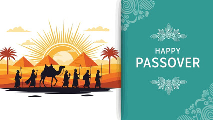 Happy Passover illustration of Moses leading people and camel across desert with pyramids © Budi Studio
