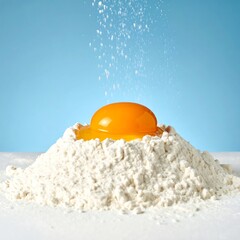 Bright yolk atop flour, with flour dusting from above. Pastel blue background. Baking prep, clean, and simple composition