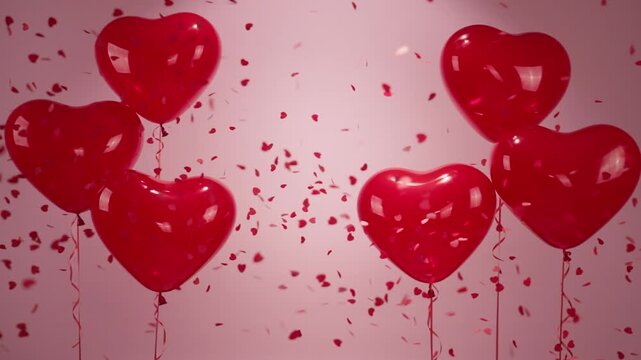 Romantic Scene of Red Heart Balloons and Falling Heart Shaped Confetti