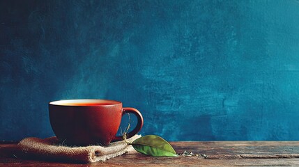 Steaming terracotta mug rests on coarse fabric before a textured blue background