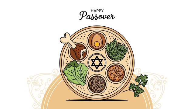 Happy Passover Seder Plate with Symbolic Foods and Star of David