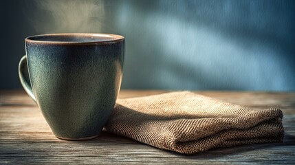 Steaming ceramic mug rests beside a folded cloth on a weathered wooden surface
