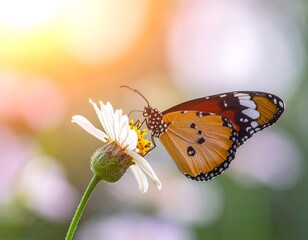 Brightly lit butterfly on a daisy, bokeh background, vibrant colors