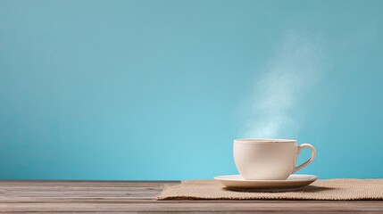 Steaming hot beverage rests in a light-colored cup and saucer set upon a wooden surface against a bright blue background