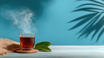 Steaming hot beverage rests upon a wooden surface against a bright cyan background with leafy shadow