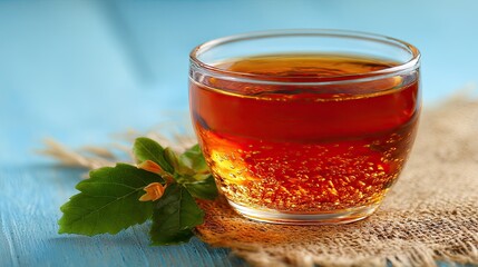Amber liquid with bubbles fills a clear glass cup resting on rough fabric beside green foliage