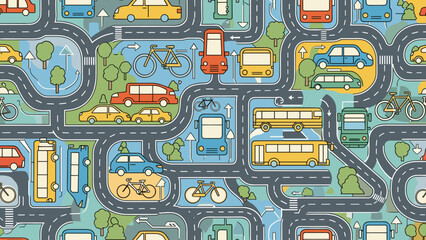 Colorful city road map with various vehicles and transportation