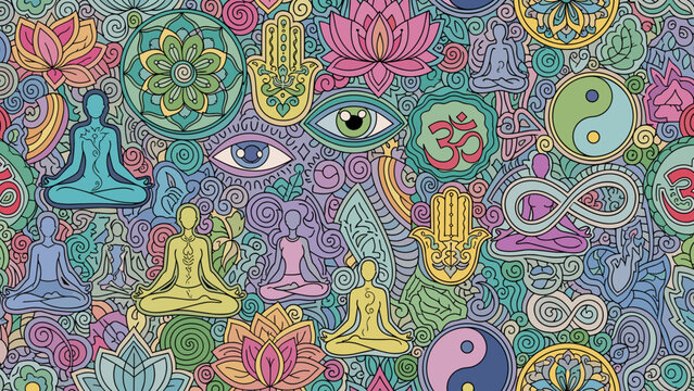 Vibrant illustration of various yoga and meditation symbols in a colorful pattern
