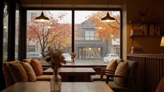 Cozy caf&eacute; interior with warm lighting and autumn view through large window