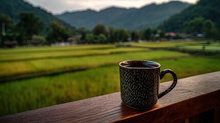 Ceramic mug filled with dark beverage rests on a wooden railing overlooking verdant rice paddies and distant hills.