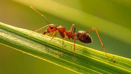 Brightly lit, orange-red ant walking diagonally across a green leaf blade in sharp, close-up focus