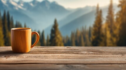 Wooden mug containing a beverage rests on a textured wooden surface before a misty mountain forest backdrop