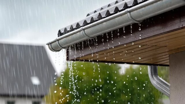 Rainwater flows through a gutter and downspout from a tiled roof during a heavy downpour.