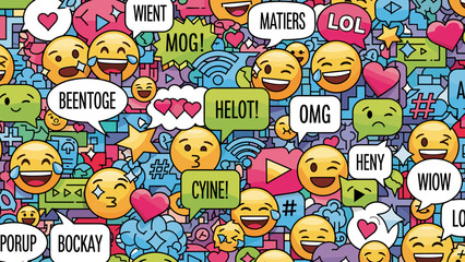 Fototapeta premium Colorful emojis and text bubbles with various expressions and reactions on a blue background