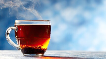 Steaming hot beverage brews in a clear glass mug against a bright blue background