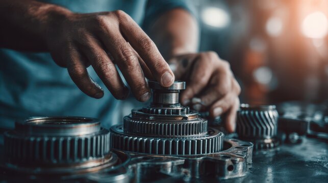 Closeup of maintenance expert adjusting hybrid powertrain parts during routine servicing to maintain emission standards and vehicle efficiency.