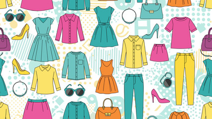 Colorful clothing and accessories arranged in a patterned seamless repeat design