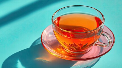 Hot brewed beverage sits in a transparent cup upon a matching saucer bathed in bright sunlight