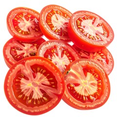 Brightly lit sliced tomatoes, arranged in a circular pile, exposing seeds and juicy flesh against a white background