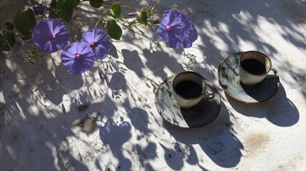 Two ceramic cups of dark beverage rest on saucers beside purple blooms under dappled sunlight
