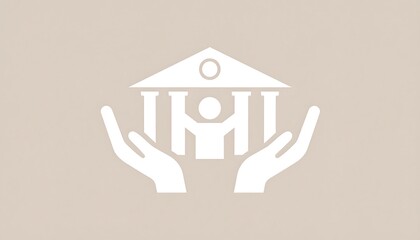 Building with columns inside hands, rendered in a soft, neutral tan color scheme