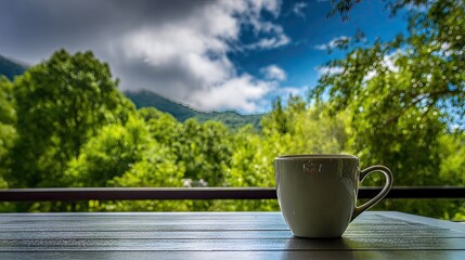 Steaming beverage rests on an outdoor wooden surface overlooking lush green mountains under a bright sky