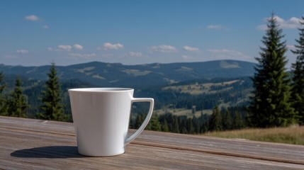 White ceramic mug rests on wooden surface overlooking forested mountain landscape on clear day