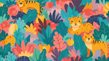 Obraz premium Vibrant illustration of tigers and tropical leaves in a colorful jungle pattern