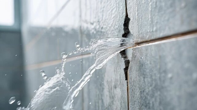 A close-up shot captures a forceful water leak spraying from a cracked tile on a wall, highlighting a plumbing issue.