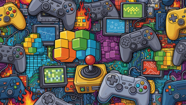Colorful illustration of various video game controllers and consoles on a vibrant background with pixel art