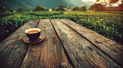 Hot beverage rests on weathered wooden surface overlooking lush green agricultural field