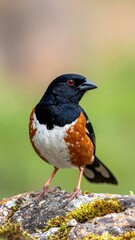 Brightly plumed bird perches on mossy rock, set against out-of-focus verdant greens and muted earthtones