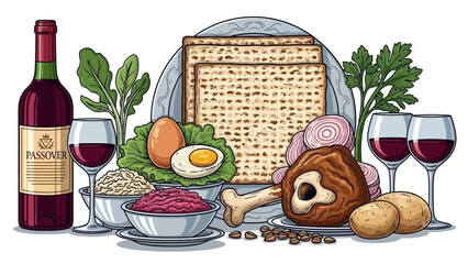 Passover Seder Plate with Matzah, Wine, and Traditional Foods Illustration