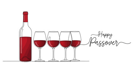 Happy Passover Greeting with Wine Bottle and Glasses, Religious Holiday Celebration