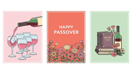 Happy Passover Greeting Cards with Wine, Flowers, and Haggadah Books Illustration