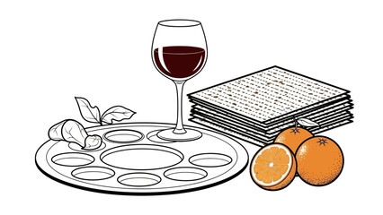 Passover Seder Plate with Matzah, Wine, Oranges, and Greens - Traditional Jewish Holiday Symbolism