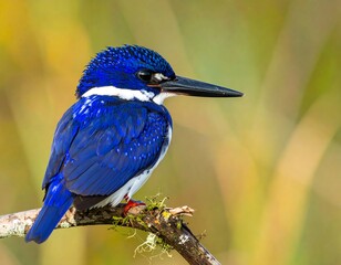 Brilliant blue kingfisher perched on a mossy branch, gazing intently against a blurred, natural background