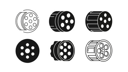 Collection of Film Reel Icons: Outline, Solid, and Isometric Styles