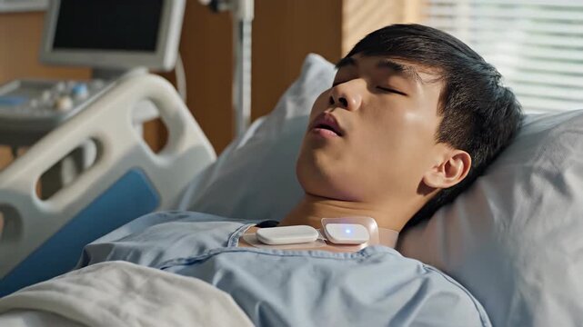 Patient resting in hospital bed with medical sensor on neck