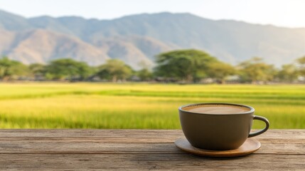 Ceramic cup of hot beverage rests on wooden surface overlooking lush green landscape and distant mountains