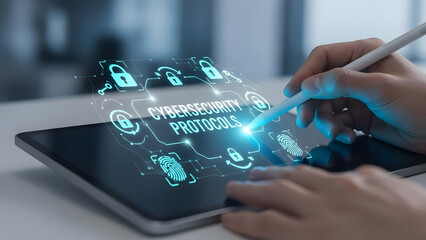 Digital Cybersecurity Protocols and Data Protection Interface on Tablet with Stylus
