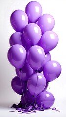 Bunch of lavender-colored balloons floating against a white background with ribbon trailing