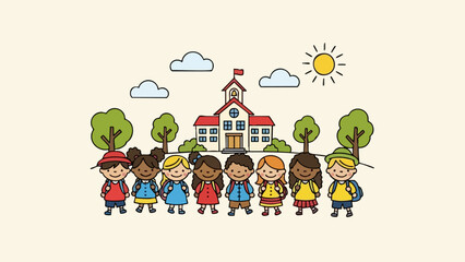 Obraz premium Diverse group of happy children standing in front of a school building.