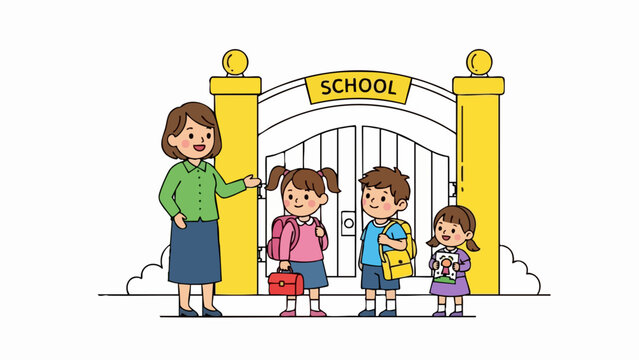 A friendly teacher welcoming three young students at the school gate.