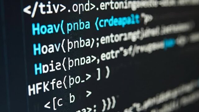 Glowing White and Blue HTML Code Scrolling on a Dark Monitor